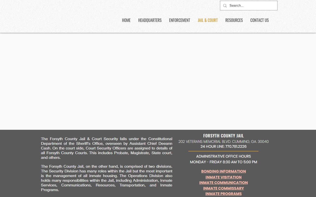 Forsyth County Sheriff's Office jail page with jail address and service links